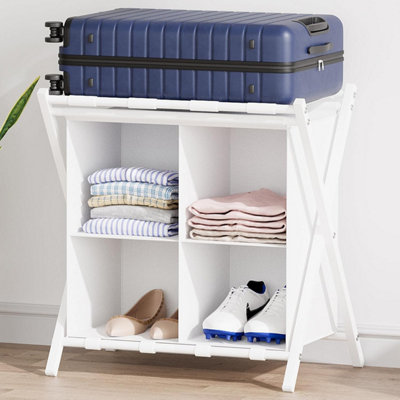 Huhote White Two Tier Metal Folding Luggage Rack With Storage and shoe ...