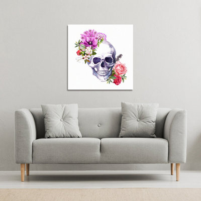 Human skull with flowers (Canvas Print) / 101 x 101 x 4cm