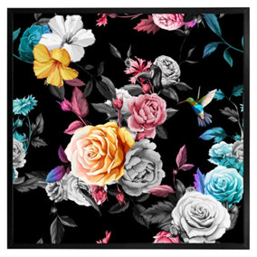 Humming bird, roses, peony with leaves (Picutre Frame) / 16x16" / Black