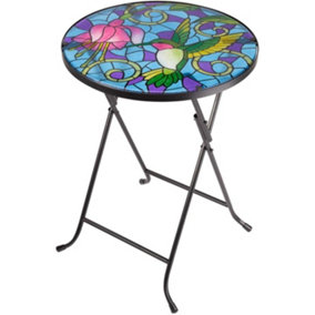 Hummingbird Glass Side Table Round Hand Painted Mosaic Foldable Home Garden