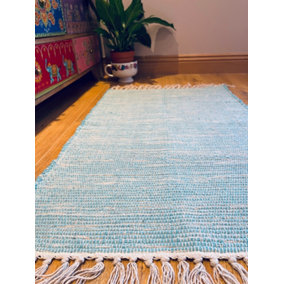 Hush Hand Loomed Soft Cotton Rug in Muted Colours / 120 x 180 cm / Turquoise
