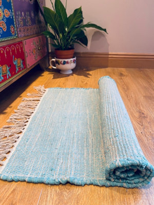 Hush Hand Loomed Soft Cotton Rug in Muted Colours / 60 x 210 cm / Turquoise