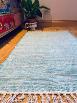 Hush Hand Loomed Soft Cotton Rug in Muted Colours / 75 x 120 cm / Turquoise