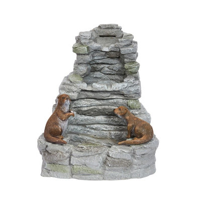 Hybrid Powered Otter Falls Fountain - Solar & Battery Operated Hand Painted Resin Cascading Water Feature - H54 x W44.5 x D39cm
