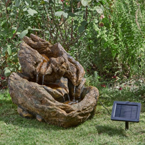 Hybrid Powered Wychwood Falls Fountain - Solar & Battery Operated Wood Effect Cascading Water Feature - H45 x W58 x D38cm