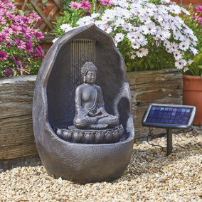 Hybrid Powered Zen Buddha Water Feature - Solar & Battery Operated Decorative Outdoor Garden Fountain - Measures H60 x W39 x D36cm