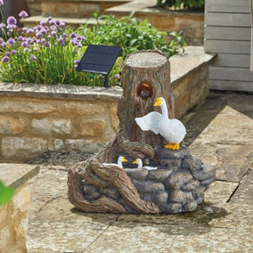 Hybrid Solar Powered White Goose Waterfall - Outdoor Garden Water Feature with Tree Stump & Geese Design - H50 x W50 x D40cm