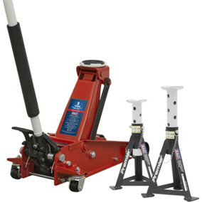 Hydraulic Trolley Jack & 2 x Axle Stand Kit - 3000kg Capacity - Foot Pedal