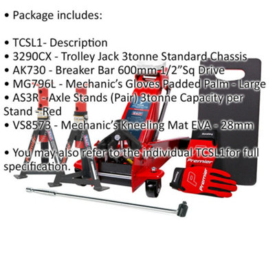 Hydraulic Trolley Jack Kit - Breaker Bar - Axle Stands - Mechanics Gloves & Mat