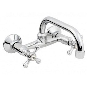 Hydroland Chromed Brass Wall Mounted Mixer Faucet 20cm C-type Spout Tap with Retro Heads