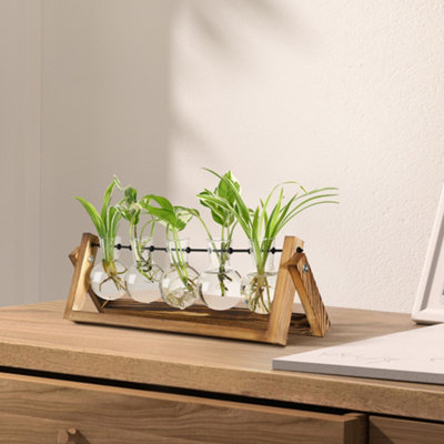Hydroponic Wooden Stand Vase with 4 Bulbs glass Vase