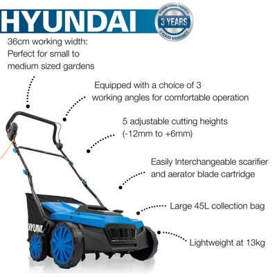 Hyundai 14 inch 36cm 2 in 1 1600W Electric Lawn Scarifier and Aerator with 45L Collection Bag  HYSC1600E