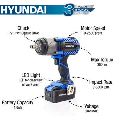 Hyundai 20V MAX 350Nm Li-Ion Cordless Impact Wrench HY2178
