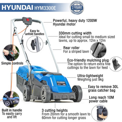 Hyundai 33cm Corded Electric 1200w 230v Roller Mulching Lawnmower