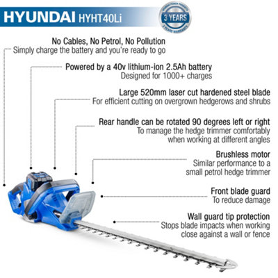Hyundai 40v Lithium-ion Battery Hedge Trimmer With Battery and Charger HYHT40Li