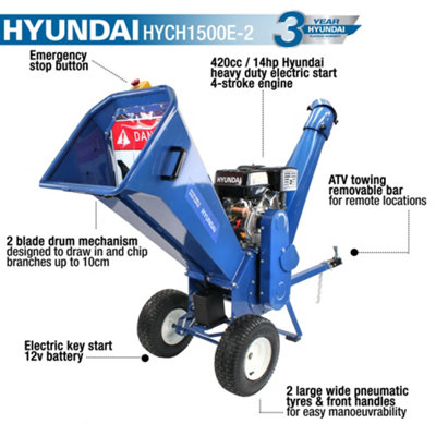 Hyundai 420cc 100mm Petrol Wood Chipper Shredder Mulcher 4-Stroke Engine HYCH1500E-2
