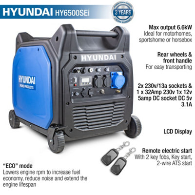 Hyundai 6600W/6.6kW Remote Electric Start Petrol Portable Inverter Generator HY6500SEi