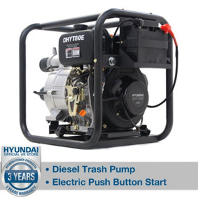 Hyundai 80mm 3inch Electric Start Open Frame Diesel Trash Water Pump 25m Total Head 6m Lift 880min Flow Rate 6hp 296cc DHYT80E