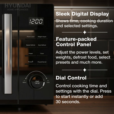 Hyundai 900W 23L Black Digital Microwave, Mirror-Effect Glass Door, Stainless Steel Interior HYMW90023DB