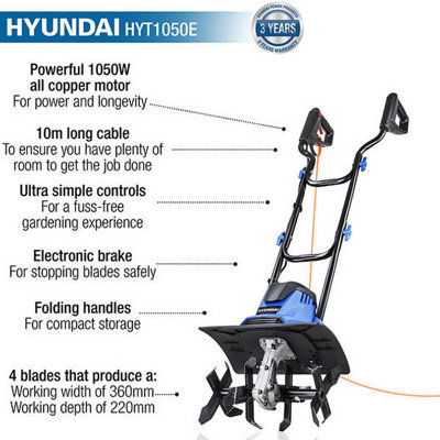 Hyundai HYT1050E 1050W 360mm Electric Garden Tiller, Cultivator, Rotovator and Rototiller