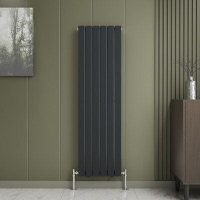 iBathUK Belgravia Vertical Double Slim Flat Panel Radiator Anthracite 1600mm x 608mm + Angled Valve-Grey