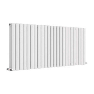 iBathUK Princia Horizontal Double Oval Panel Radiator White 600 x 1440mm + Angled Valve-White