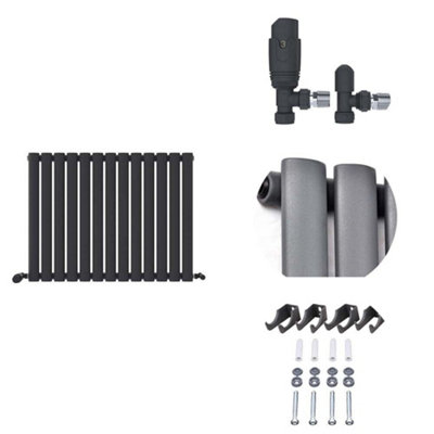 iBathUK Princia Horizontal Single Oval Panel Radiator Anthracite 600 x 780mm + Angled Valve-Grey