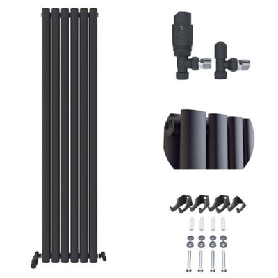 iBathUK Princia Vertical Double Oval Panel Radiator Anthracite 1600 x 360mm + Angled Valve-Grey
