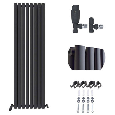 iBathUK Princia Vertical Double Oval Panel Radiator Anthracite 1600 x 480mm + Angled Valve-Grey