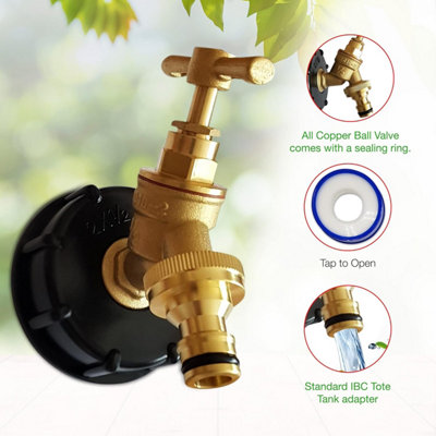 IBC Tank Adapter Hose Connector - S60X6 Brass Garden Tap with Click-Lock Hose Fitting- Heavy Duty Coarse Thread PTFE Tape Included - 3