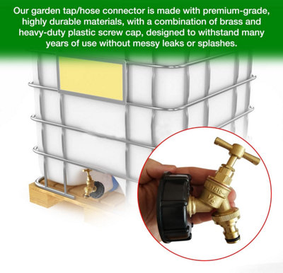 IBC Tank Adapter Hose Connector - S60X6 Brass Garden Tap with Click-Lock Hose Fitting- Heavy Duty Coarse Thread PTFE Tape Included - 4