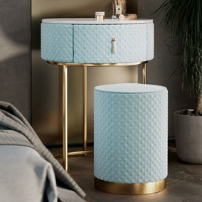 Ibiza Bohemia Upholstered Quilted Velvet Dressing Table with 1 Drawer Jewellery and Makeup Storage Cushioned Stool Set (Baby Blue)