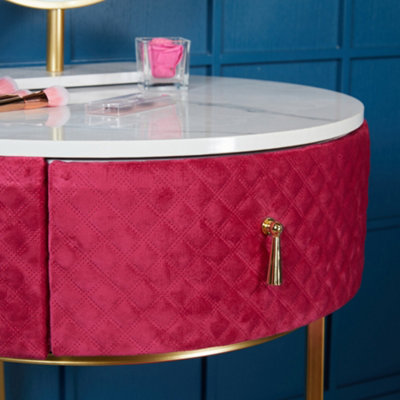 Ibiza Bohemia Upholstered Quilted Velvet Dressing Table with 1 Drawer Jewellery and Makeup Storage Cushioned Stool Set (Raspberry)