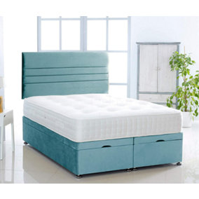 Ice Blue Plush Foot Lift Ottoman Bed With Memory Spring Mattress And Horizontal Headboard 2FT6 Small Single