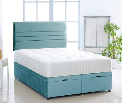 Ice Blue  Plush Foot Lift Ottoman Bed With Memory Spring Mattress And    Horizontal   Headboard 4FT6 Double