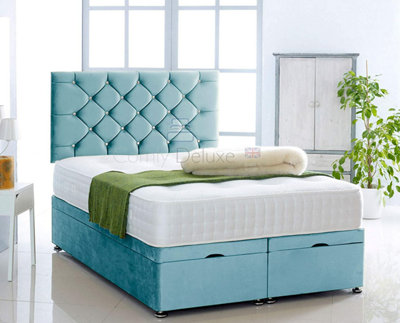 Ice Blue  Plush Foot Lift Ottoman Bed With Memory Spring Mattress And  Studded  Headboard 3FT Single