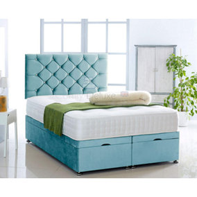 Ice Blue  Plush Foot Lift Ottoman Bed With Memory Spring Mattress And   Studded   Headboard 4.0FT Small Double