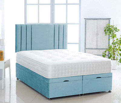 Ice Blue Plush Foot Lift Ottoman Bed With Memory Spring Mattress And Vertical Headboard 2FT6 Small Single