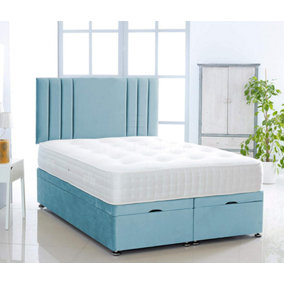 Ice Blue  Plush Foot Lift Ottoman Bed With Memory Spring Mattress And  Vertical  Headboard 3FT Single