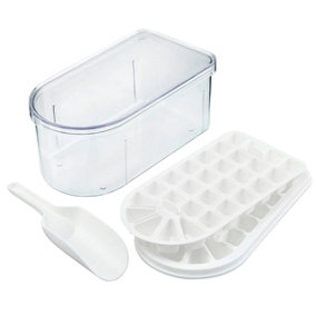 Ice Cube Tray & Container - Multi Layer Ice Bucket Storage Box with Scoop & 2 Moulds That Make Up to 58 Cubes - 10 x 11.5 x 21cm