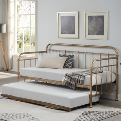 Ickleford Industrial Living Room Bedroom Antique Brass Metal Day Bed Frame w Trundle