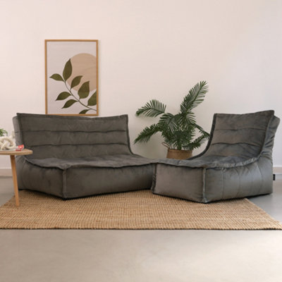 icon Kota Velvet XL Bean Bag Sofa & Lounger Set Grey Bean Bag Chair
