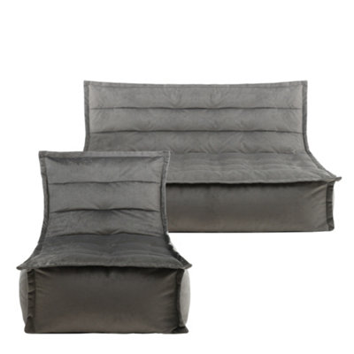 icon Kota Velvet XL Bean Bag Sofa & Lounger Set Grey Bean Bag Chair
