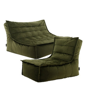 icon Kota Velvet XL Bean Bag Sofa & Lounger Set Olive Green Bean Bag Chair