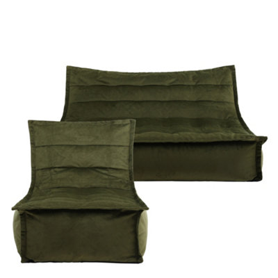 icon Kota Velvet XL Bean Bag Sofa & Lounger Set Olive Green Bean Bag Chair