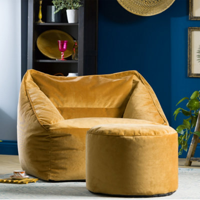 icon Natalia Velvet Adults Bean Bag Armchair and Pouffe, Ready Filled Large Beanbag and Footstool Ochre Yellow