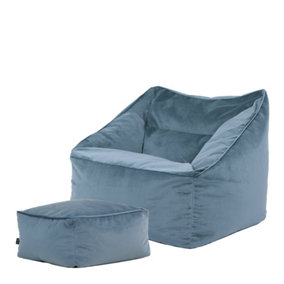 icon Natalia Velvet Armchair Bean Bag and Footstool Set Mineral Blue Giant Bean Bag Chair