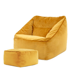 icon Natalia Velvet Armchair Bean Bag and Footstool Set Ochre Yellow Giant Bean Bag Chair