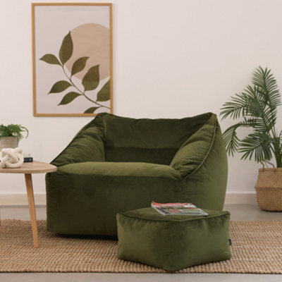 icon Natalia Velvet Armchair Bean Bag and Footstool Set Olive Green Giant Bean Bag Chair