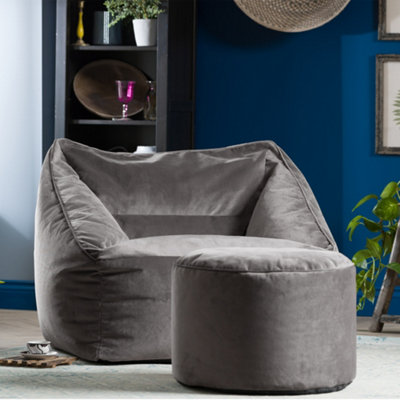 icon Natalia Velvet Armchair Bean Bag and Pouffe Set Charcoal Grey